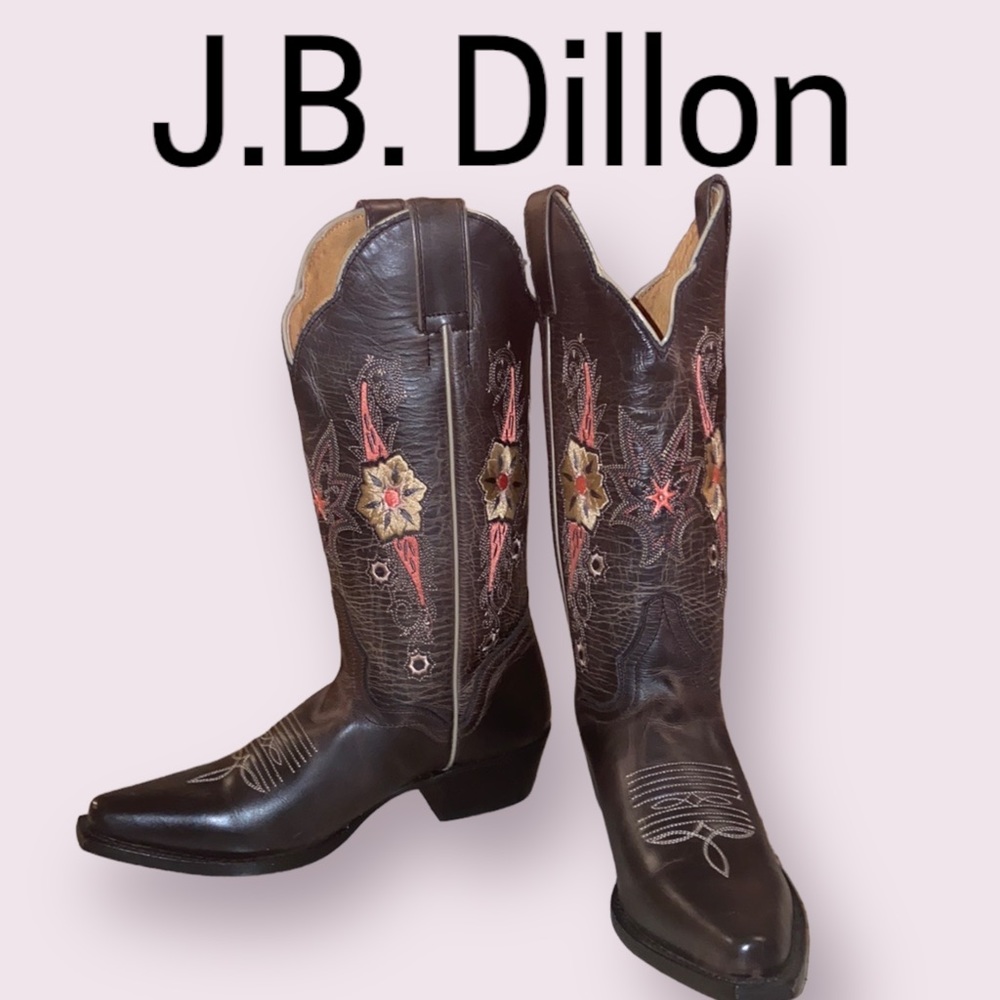 J.B. Dillon Leather Embroidered Boots 13 1/2” Tall Heel is 1 1/2”Brown BRAND NEW